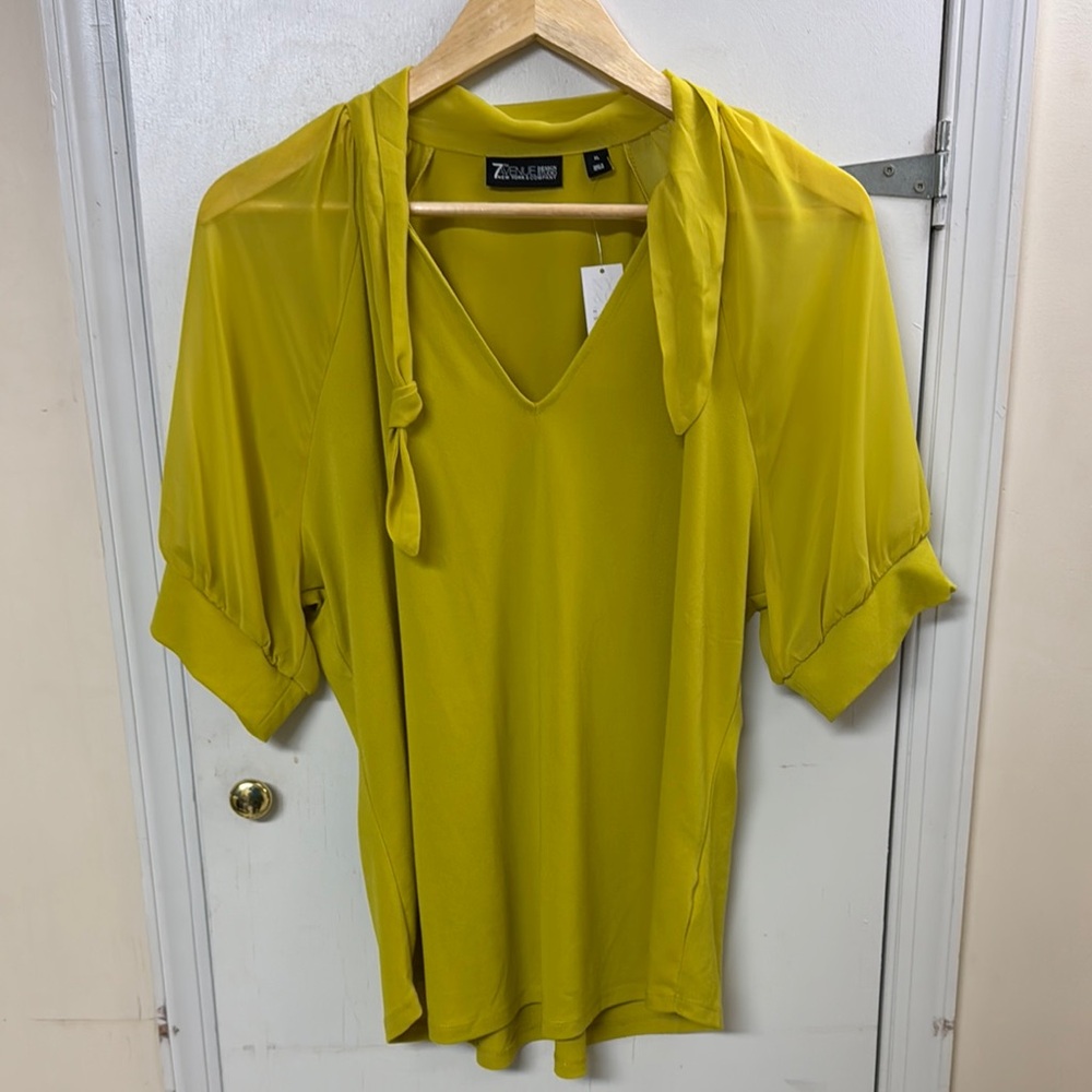 New York & Company Yellow Tie Front Blouse with Cuffed Sleeves